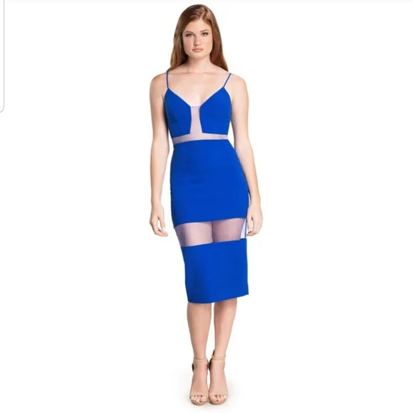 NWT! Dress The Population Micaela Electric Blue 💙 Sheer Inset Body-Con Dress XS - Picture 5 of 16